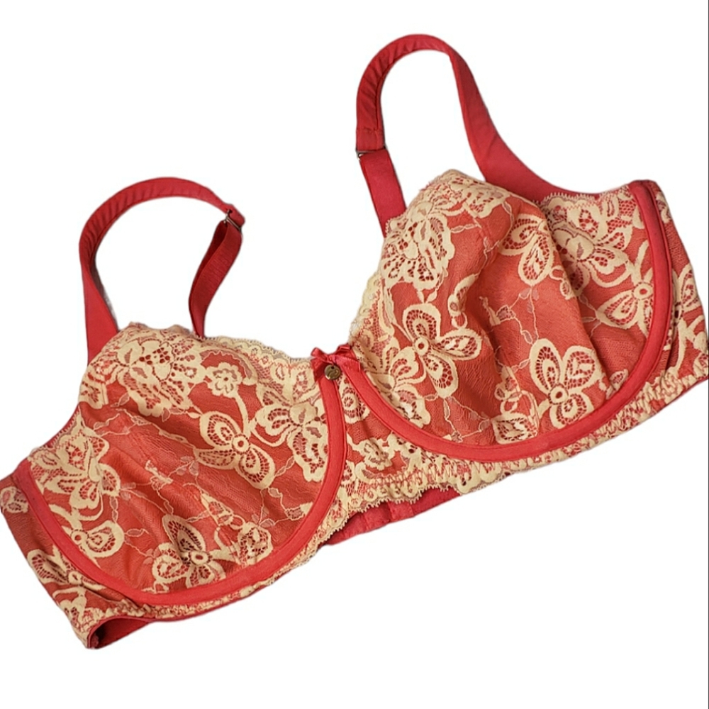 Cacique Lane Bryant Coral Lace Underwire Balconette Sexy Supportive Bra 42DDD